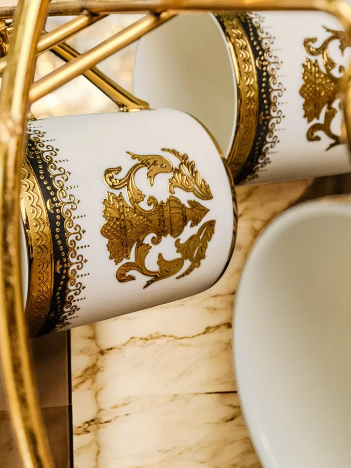 14K Genuine Gold Powder Porcelain Tea Cups And Saucers | Tea Cups Saucers Set | Gold Porcelain Set | Elegant Teaware | Gift For Tea Lovers