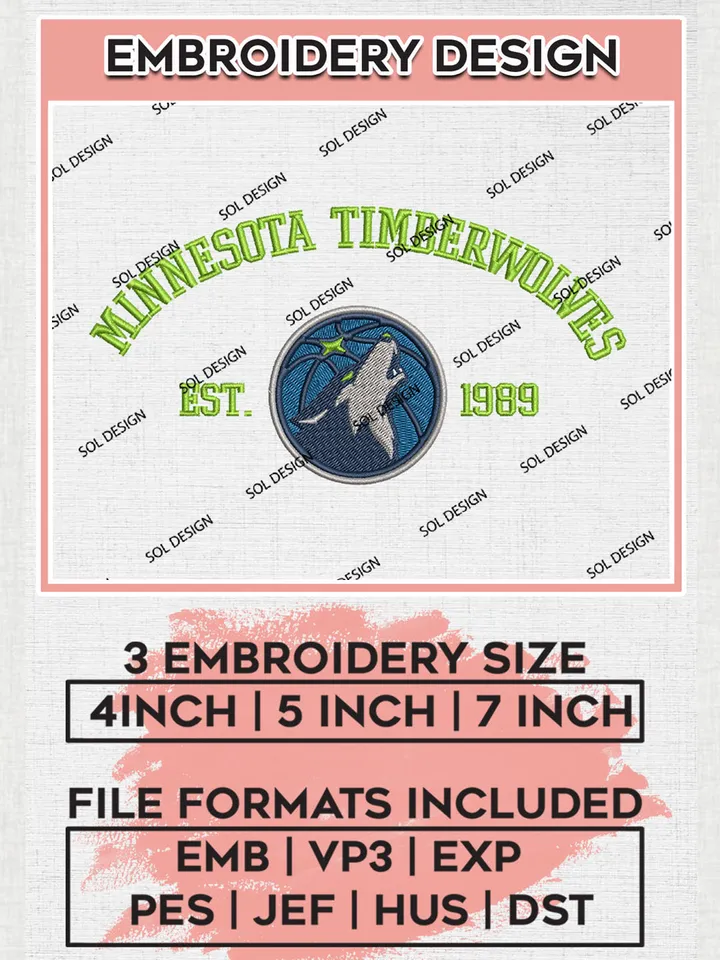 NBA Minnesota Timberwolves Basketball Team Est Logo Embroidery Design, NBA Minnesota Timberwolves Logo Embroidery Files, Basketball Team Machine Embroidery, Machine Embroidery Design