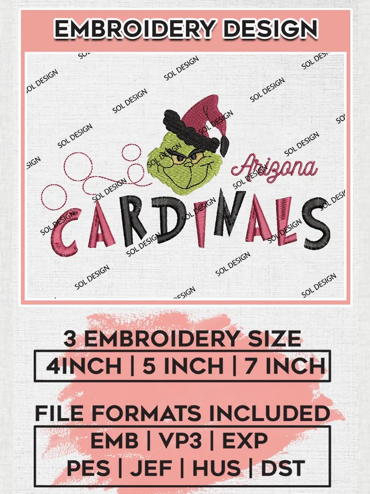 Christmas Grinch Arizona Cardinals Embroidery Designs, Grinch Embroidery Files, NFL Cardinals  Machine Embroidery Designs, NFL Arizona Cardinals Logo, NFL Christmas Machine Embroidery Design, Digital Download