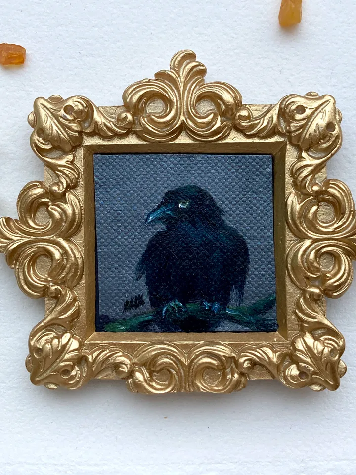 Framed Raven Painting Small Original Witch’s Friend Artwork Crow Art Tiny Oil Painting Bird