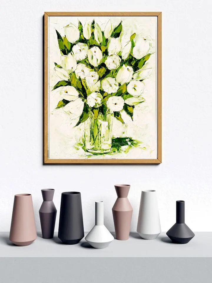Tulip Painting Floral Original Art Flower oil painting original Impasto Green Flower Painting 16x12 inch