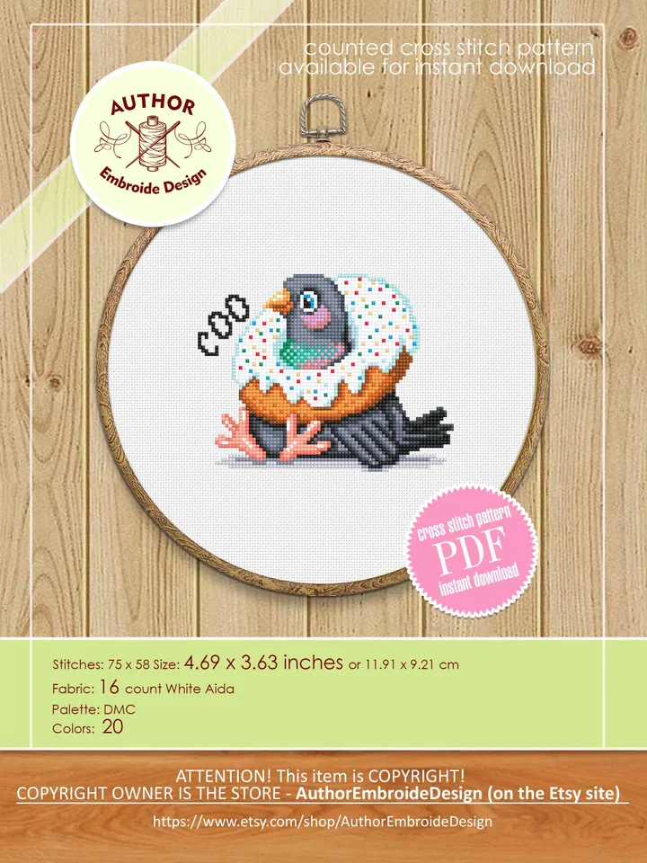 Pigeon with donut cross stitch pattern PDF download Funny bird cross stitch chart, Small pigeon pattern digital PDF, Bird lover gift #K54