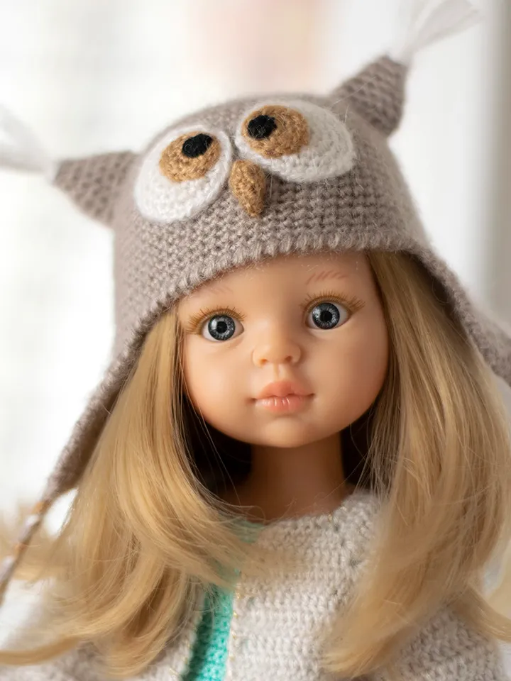 Owl hat for Paola Reina doll, Dumplings, Little Darling, Siblies RRFF for Halloween, animals hat with ears for doll