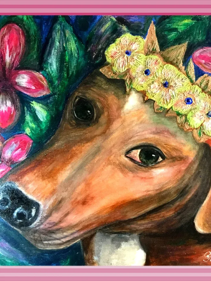Spaniel dog painting,Spaniel dog in diadema of flowers in a tropical forest,original painting,specialized modeling paste.Home decoration.