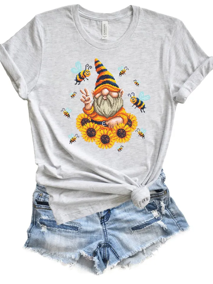 Sunflower gnome cross stitch pattern download PDF, Cute gnome pattern digital PDF, Bee gnome embroidery, Yellow sunflowers cross stitch #P34