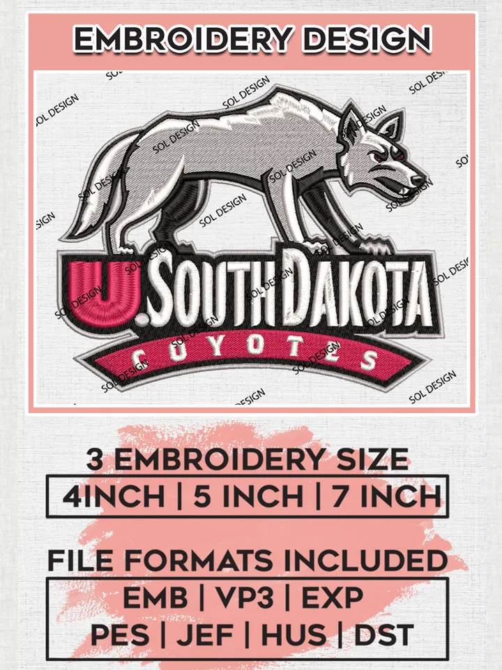 South Dakota Coyotes College Football Team Logo Embroidery Design Files, NCAA South Dakota Coyotes Machine Embroidery, NCAA Teams, Game Day, 3 sizes, NCAA Machine embroidery designs, Digital Download