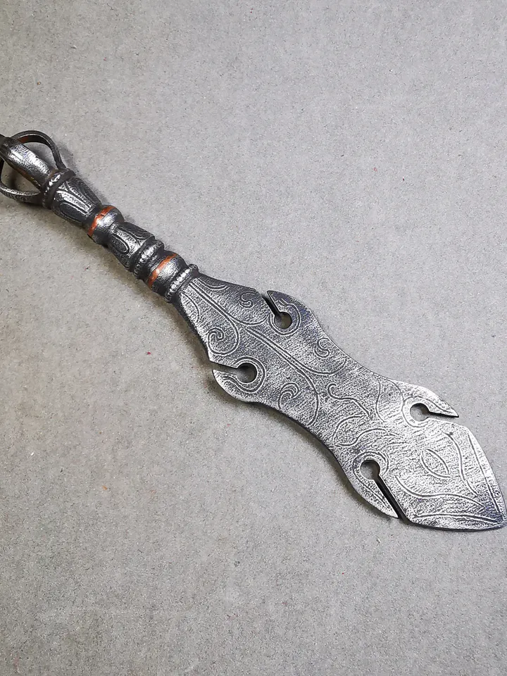 Gandhanra Tibetan Amulet Kila Dagger (Dorje Phurba),Dharma Ritual,Altar Tool,Made of Cold Iron inlaid with Copper