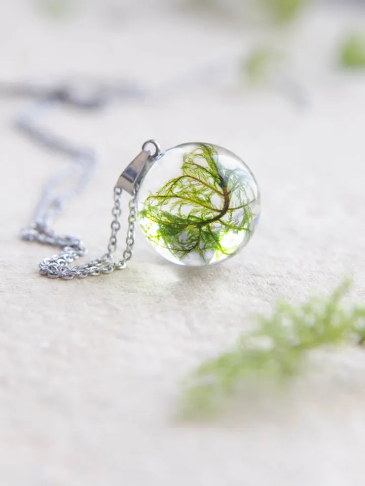 Moss necklace. Resin terrarium jewelry with real forest plants. Unique gift for nature lover friend.