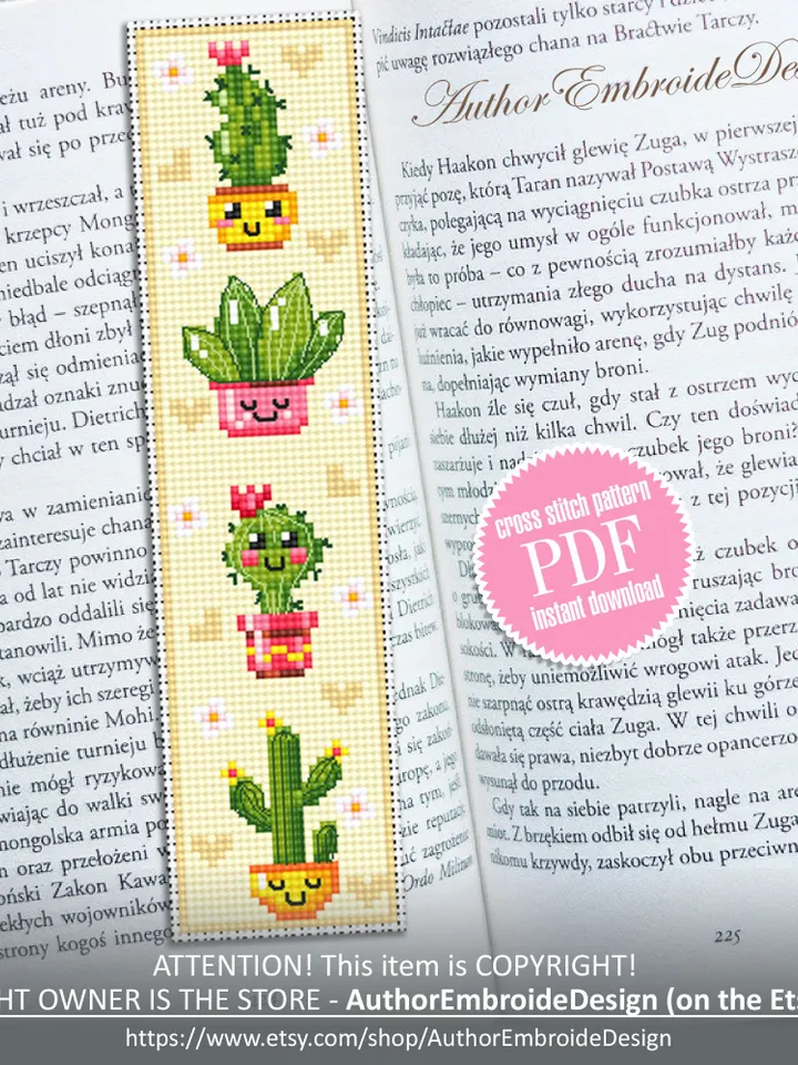 Cactus bookmark cross stitch pattern PDF download Kawaii cactus cross stitch chart, Floral bookmark pattern digital PDF, Potted plants #B341
