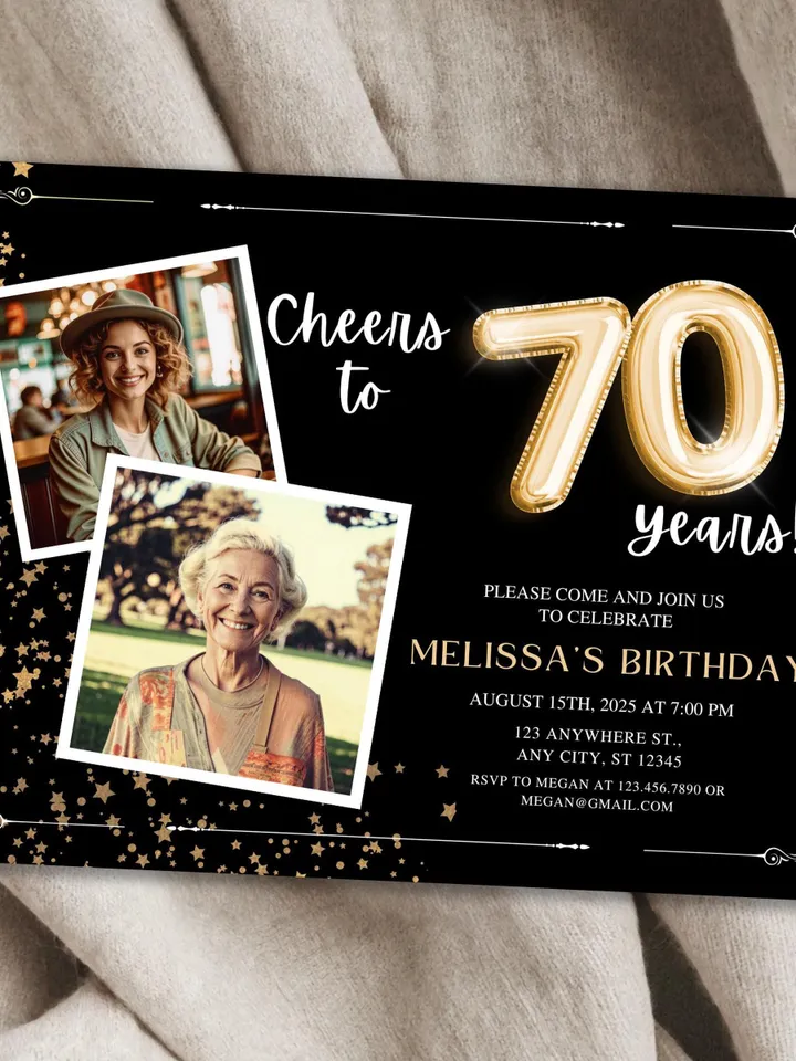 70th Birthday Invitation with Photo Adult Women's Cheers to 70th Birthday Invite Black and Gold Party Card for Grandma Canva Template