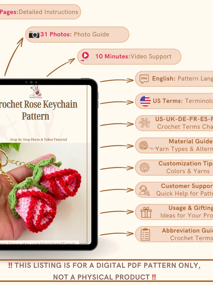 Crochet Rose Keychain Pattern, Simple 3D Flower Tutorial for Unique Bag Charms, Instant Download Gift Idea