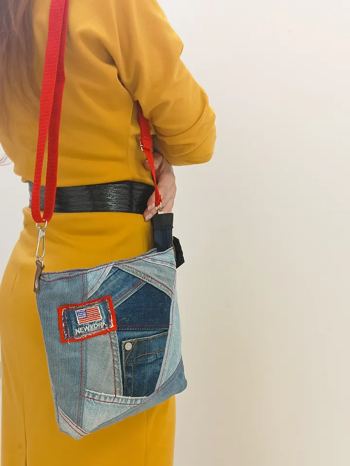 Small denim crossbody or shoulder bag, handmade in crazy patchwork style from environmentally friendly jeans material