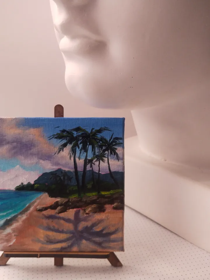Original Palm Seascape Oil Painting, miniature canvas with easel, Ocean seaside art decor, Unique gift for art lover
