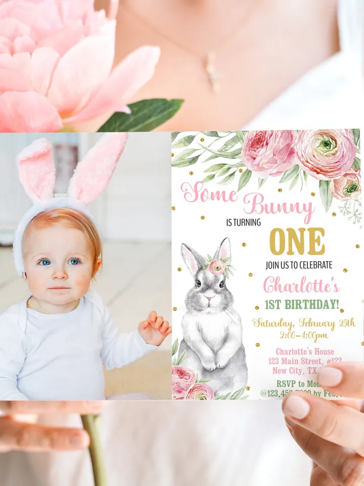 Bunny Birthday Invitation Girl 1st Birthday Invitation, Some Bunny Birthday Invitation with photo Instant Download, Editable Template