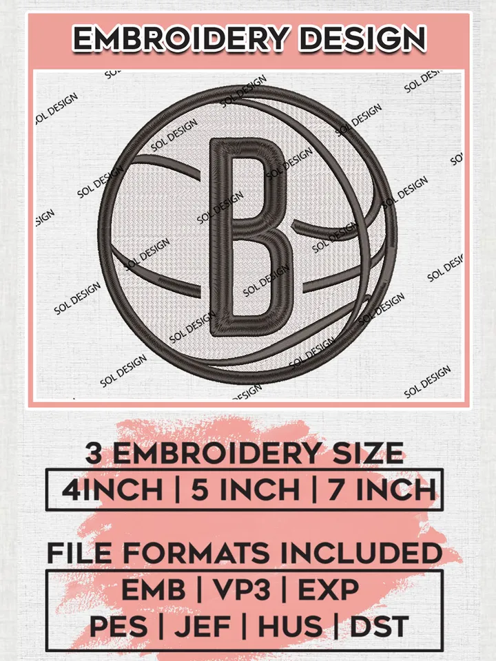 NBA Nets Ball Logo Embroidery Designs, Brooklyn Nets Team Logo Embroidery, Basketball Team Logo Embroidery Files, NBA Team, 3 sizes, Machine embroidery Files, Digital Download