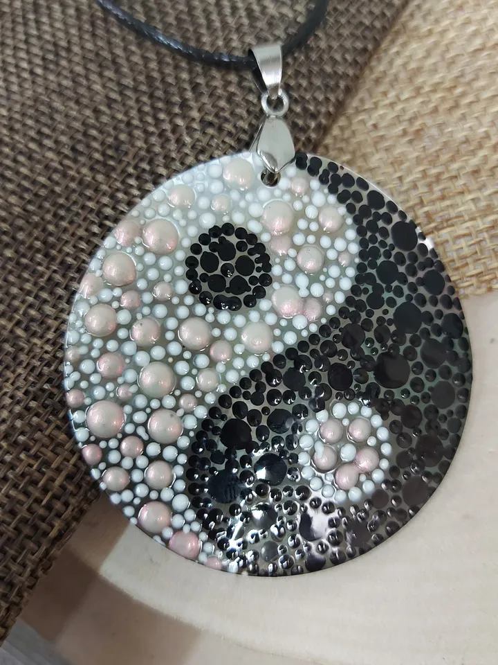 Illuminating Equilibrium: Hand-Painted Dotwork Yin Yang Pendant on Iridescent Mother-of-Pearl - Nacre Symbol of Ethereal Balance and Unity