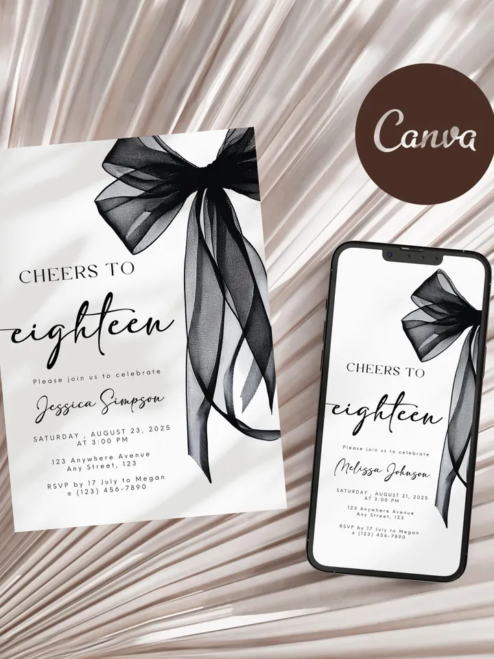 Coquette Black Bow 18th Invitation, Editable Eighteenth Birthday Party Invite, DIY Digital Black Ribbon, Cheers to Eighteen Invite