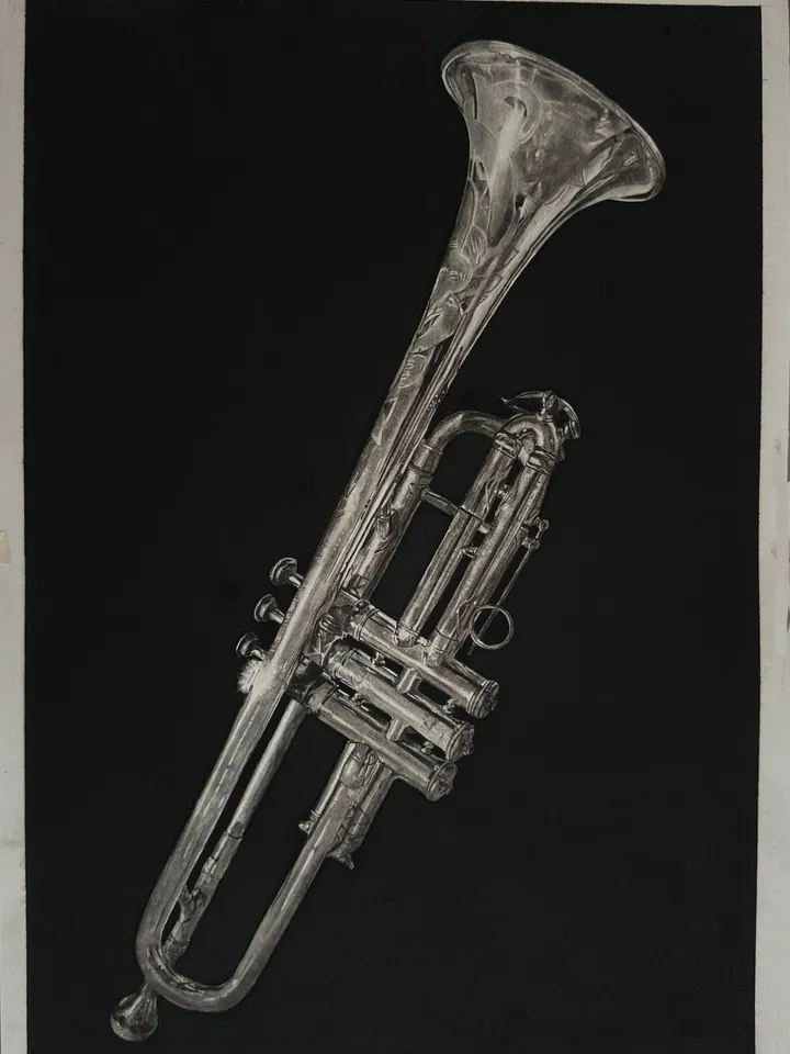 “Louis Armstrong's unique trumpet” №2 painting/handmade, pencil and charcoal from 4pieces“ art collection 3