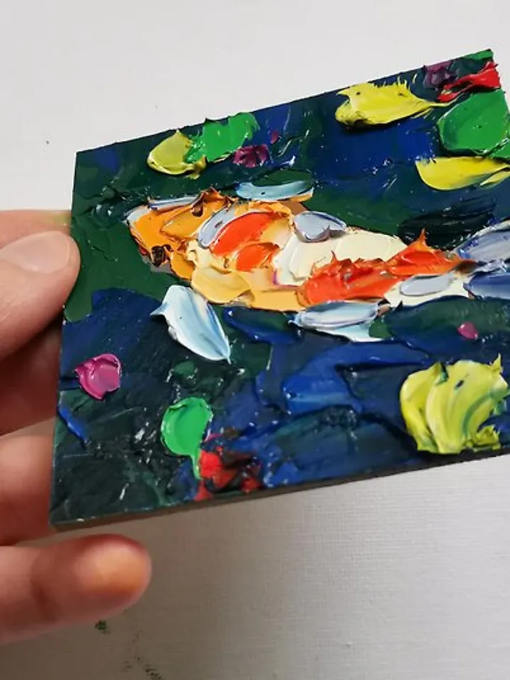 Koi Fish Painting 油畫原作 Feng Shui 手工油畫 Original Art 油畫 Small Impasto by Verafe