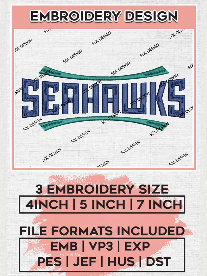 NCAA Seahawks Football Team Word Logo Embroidery Design Files, NCAA UNC Wilmington Seahawks Machine Embroidery, NCAA Teams, Game Day, 3 sizes, NCAA Machine embroidery designs, Digital Download