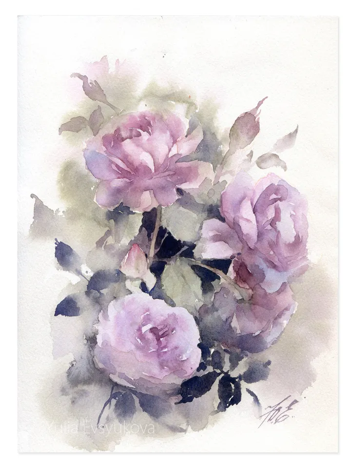 Novalis roses Painting Original watercolor art Lilac roses by Yulia Evsyukova