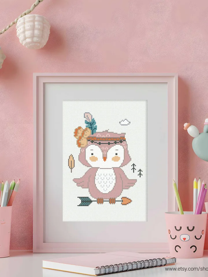 Owl Boho Style aesthetic mini cross stitch pattern, baby, animal, boy girl nursery decor, counted, chart, gift DIY, embroidery, instant PDF