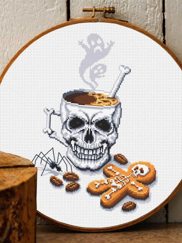Halloween coffee mug cross stitch pattern download PDF, Gothic Halloween cross stitch chart, Horror Christmas cross stitch, Skull cup #H39