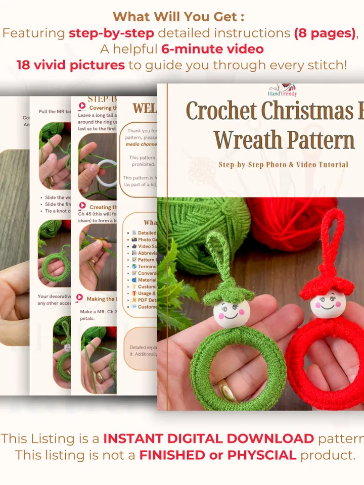 Crochet Christmas Elf Wreath Pattern, DIY Red Ornament PDF, Handmade Holiday Décor Tutorial, Beginner Festive Craft Project