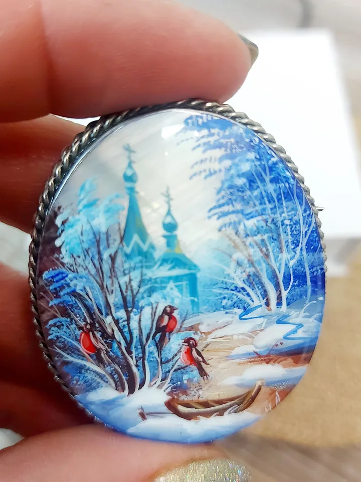 Mother-of-pearl Russian brooch "Russian Winter", Miniature hand-painted, Russian fine art jewelry, Аbalone shell. Russia gift for woman. Pin