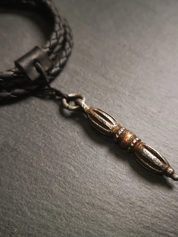 Gandhanra Tibetan Buddhist Amulet,Nine-pronged Dorje Vajra Pendant with Leather Chord,Made of Cold Iron,1.97&quot;