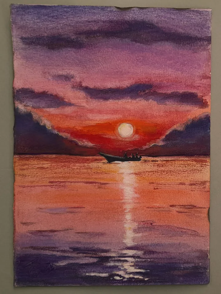 Watercolor painting On the Sunset. Sea voyages watercolor series