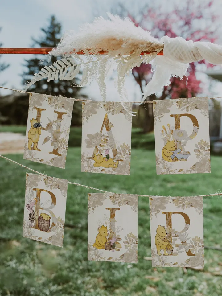 Happy Birthday Banner Winnie Pooh Birthday Party; Winnie Pooh 1st Birthday; Editable Birthday Banner; Birthday Party Decoration Pooh flw12
