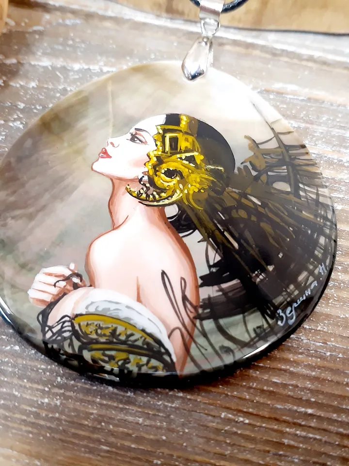 To meet the wind. Mother-of-pearl Russian hand-painted. Hand-painted necklest. MOP. Hand painted miniature painting