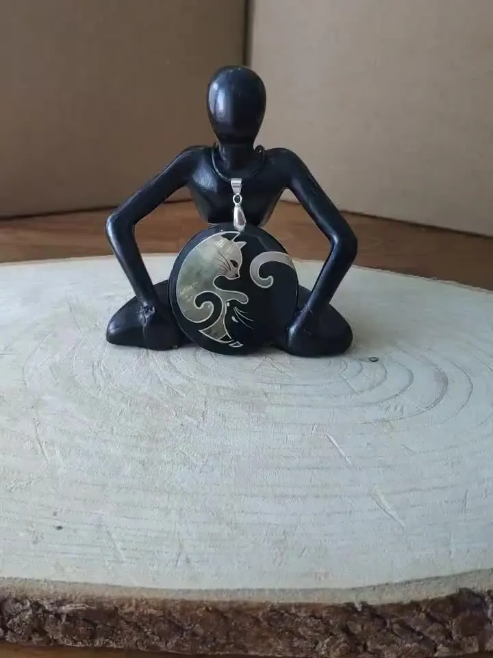 Pearl pendant necklace: Yin & Yang of black and white cat • Elegant symbolism on pendant for evening dress • Aesthetic gift for cat lover