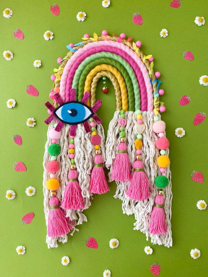 Macrame rainbow wall hanging, Funny birthday gift, Above bed decor, Evil eye charm, Strawberry aesthetic, Boho home decor