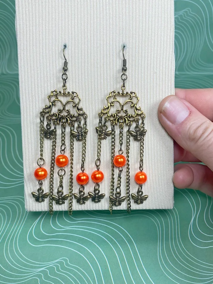 Vintage earrings with fly pendants. Interesting design. Handmade.