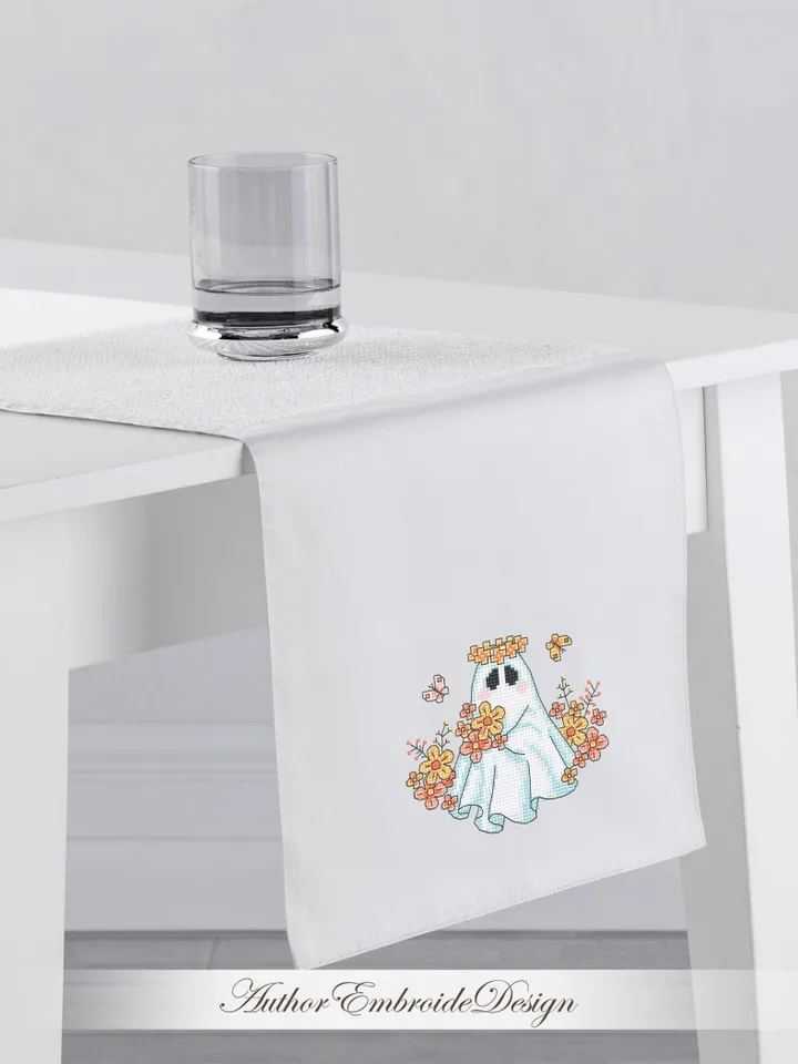 Floral ghost cross stitch pattern PDF download Cute Halloween cross stitch chart, Cute ghost with flowers pattern digital PDF #H86