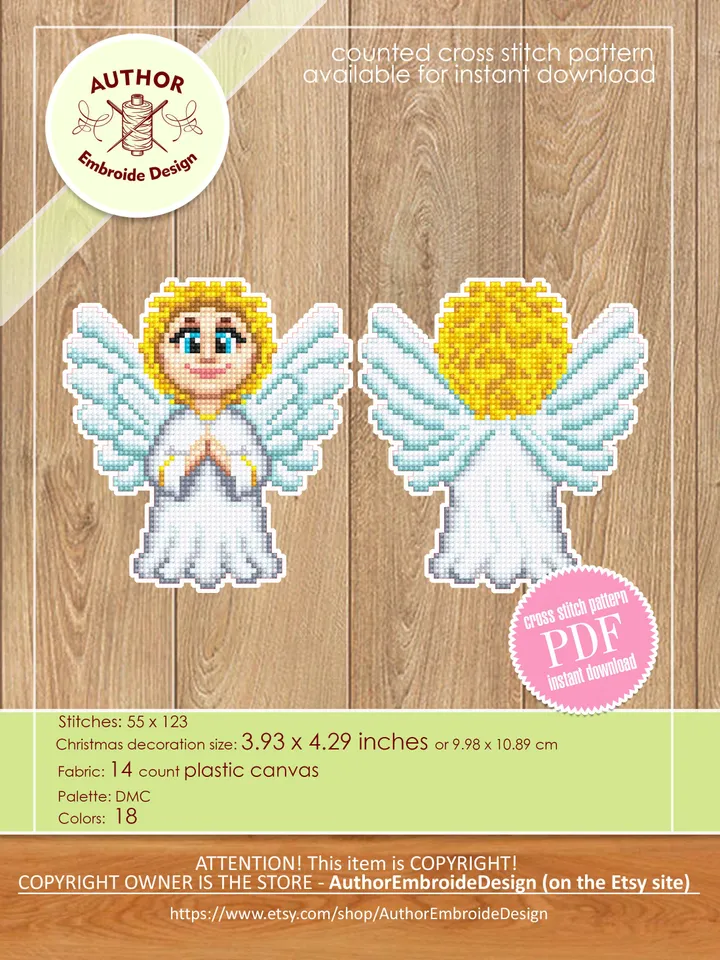 Christmas Angel cross stitch pattern PDF download Double-sided Christmas tree decor for plastic canvas, Small cross stitch chart, Noel #N102