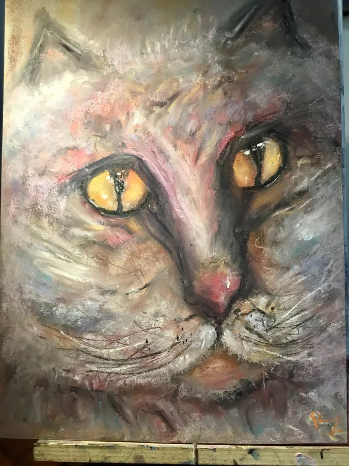 Fluffy cat original soft pastel painting,funny animals wall art,kids room decoration,nursery room painting,pink cat pastel painting,gift.