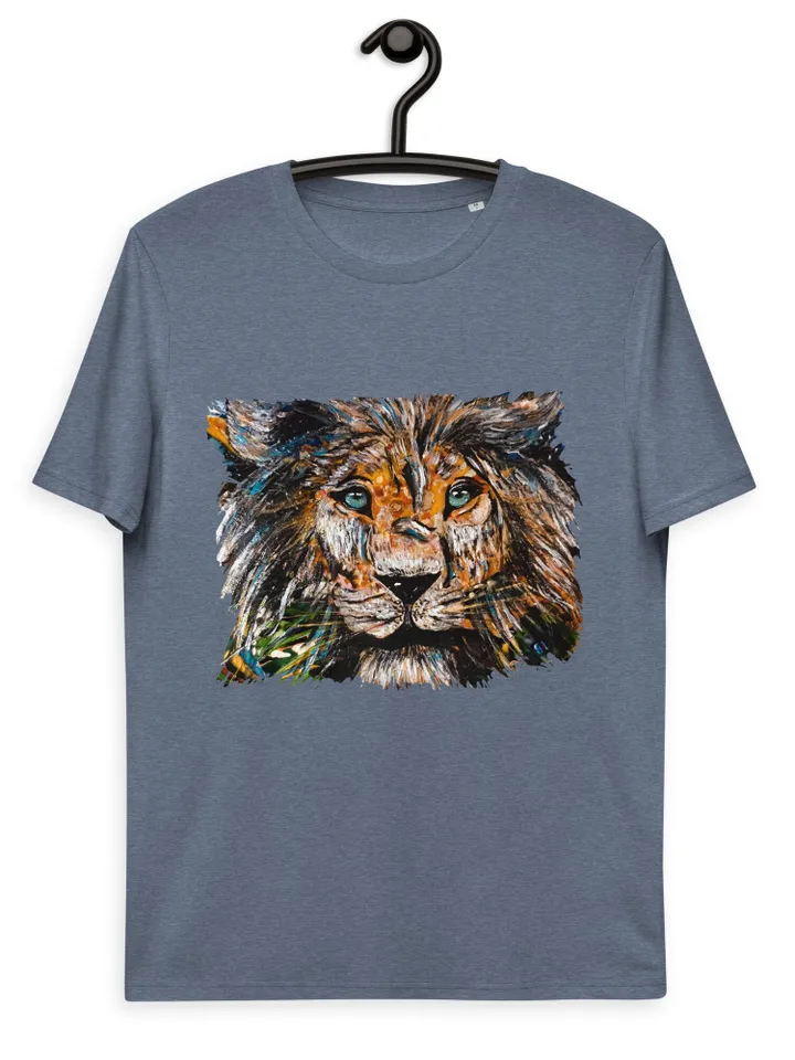 Unique design Lion Unisex organic cotton t-shirt made from my original mix media artwork on glass,wild animals t shirts, wearable art gifts