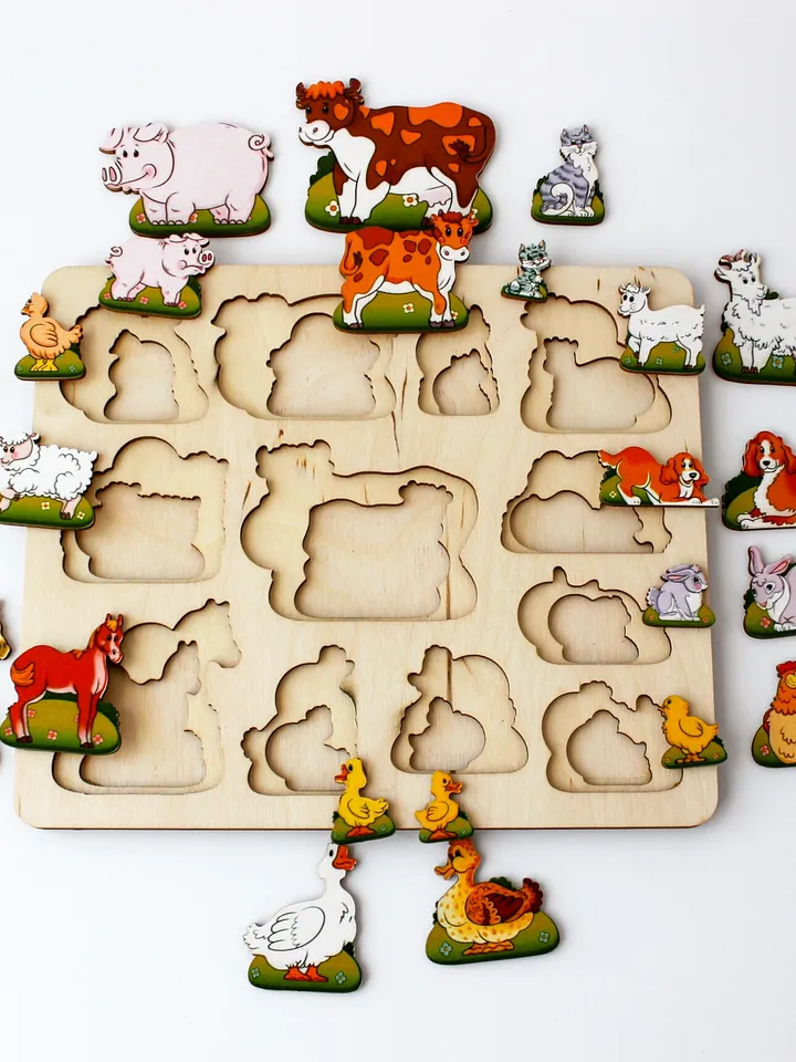 Wooden Puzzle - animals and cubs young, Montessori toddler toy, Stack Board game