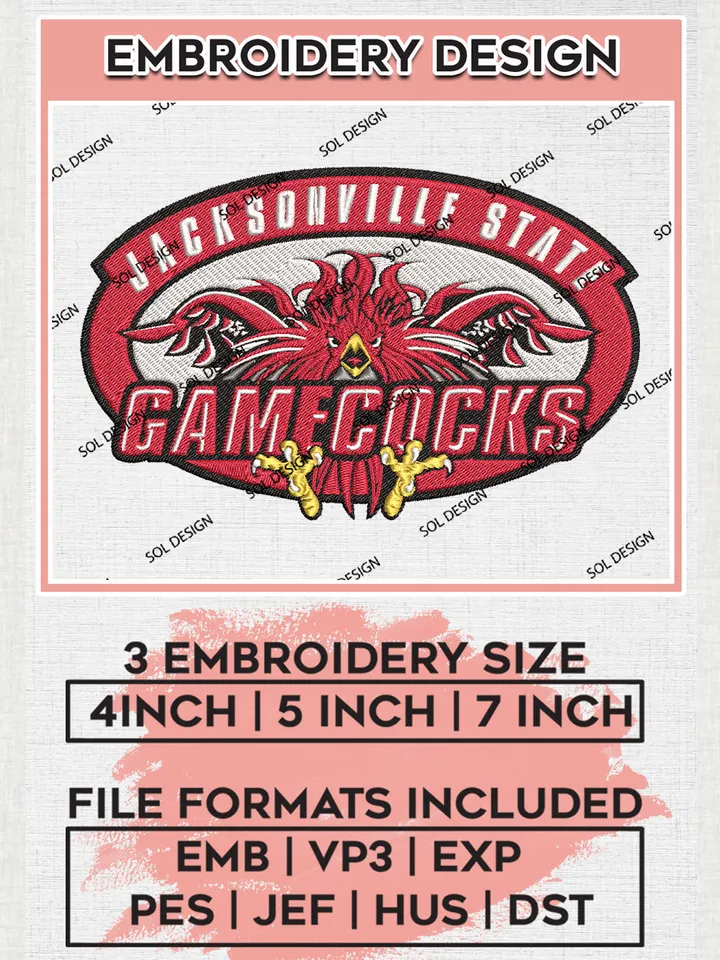 Jacksonville State Gamecocks Team Logo Embroidery Design Files, NCAA Jacksonville State Gamecocks Machine Embroidery, NCAA Teams, Game Day, 3 sizes, NCAA Machine embroidery designs, Digital Download