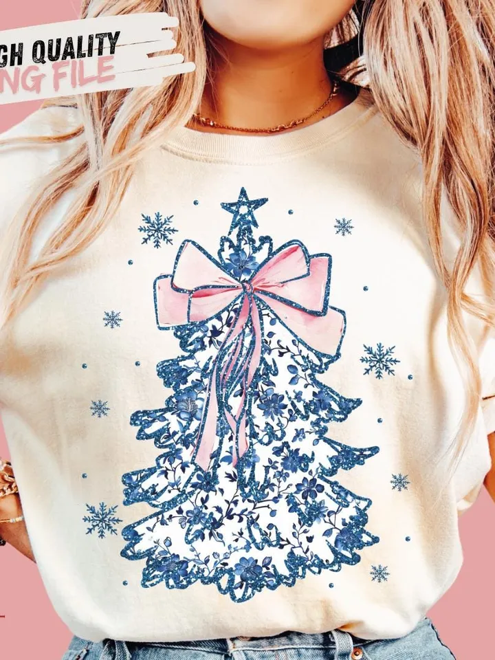 Coquette Glitter Chinoiserie Christmas Tree Png, Coquette Blue Christmas Png, Christmas Toile Png, Blue Floral Bow, Preppy Christmas Png
