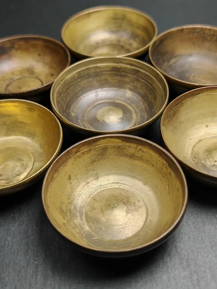 Gandhanra Old Tibetan Buddhist Water Offering Bowls,Yonchap Bowls,1 Set of 7 Bowls,Offerings in Monastery,40 Years Old,2.4" × 0.8"