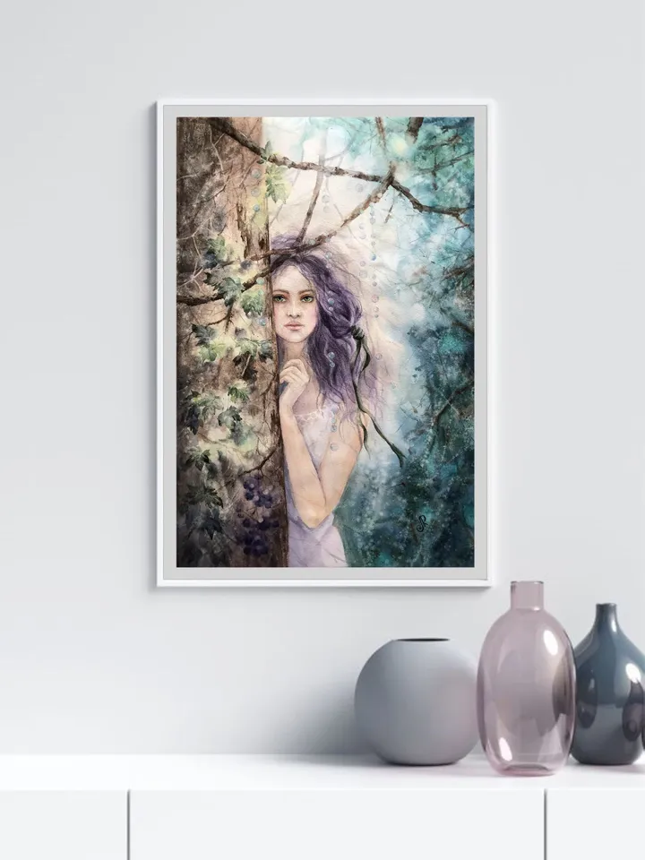 Woman in the Forest Painting Original Girl Watercolor Painting Forest Fairy