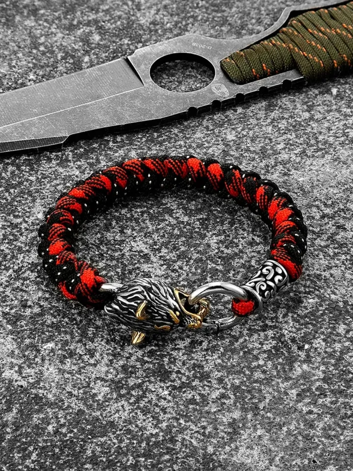 Stainless Steel Wolf Head Nordic Handmade Paracord Bracelet