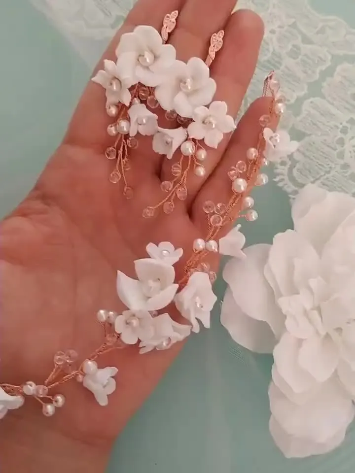 Rose Gold Boho Wedding Earrings, Boho Bridal Earrings, White Clay Flower Wedding Earrings, Floral Bridal Earrings, Long Teardrop Earrings,