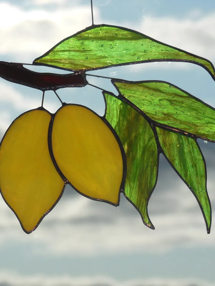 Yellow Lemons on Branch with Green Foliage . Art stained glass window hanging Suncatcher . Leaves leaf , Fruit Kitchen Decor