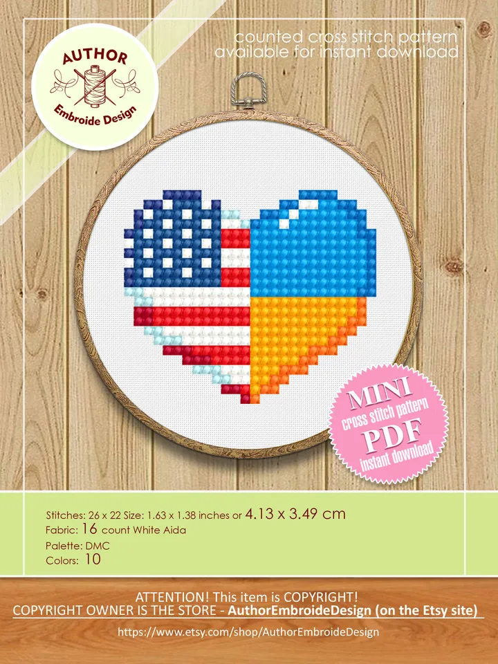 Patriotic cross stitch pattern PDF download American flag heart cross stitch chart, Mini Ukrainian flag embroidery, Independence Day #T23