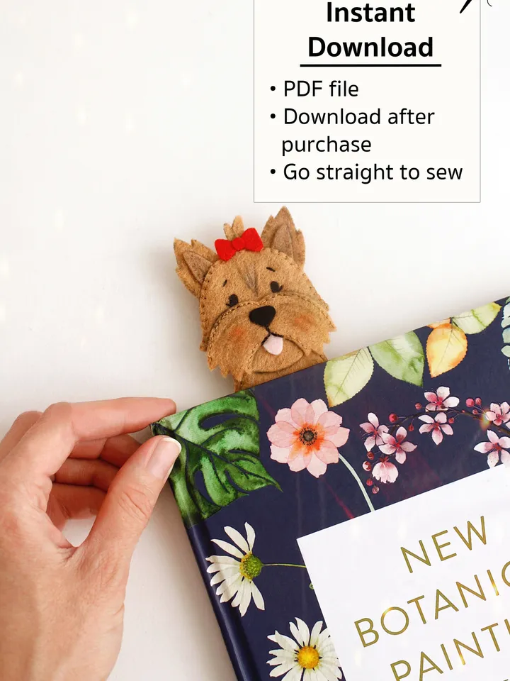 Felt long Yorkshire terrier bookmark hand sewing PDF tutorial with patterns. DIY dog breed bookmark. Book and pets lover gift. Felt school supplies